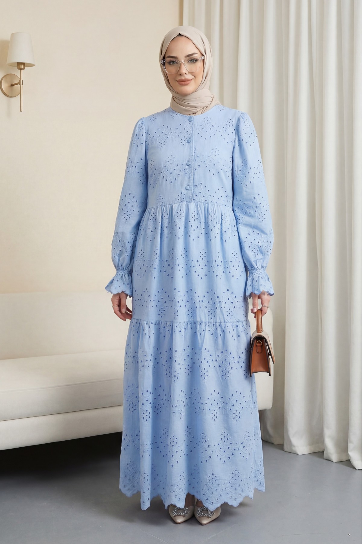 Half-Buttoned Lace Detail Waist Dress -Blue