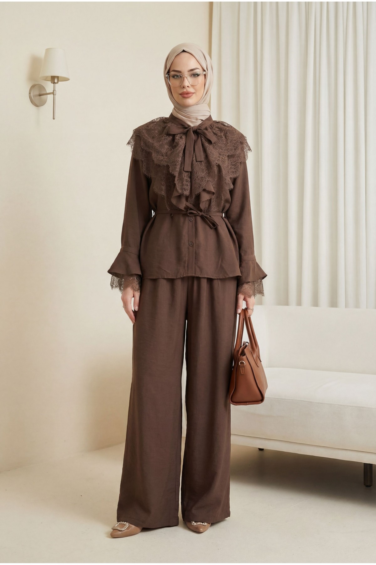 Cupra Suit with Tie Collar, Lace Trim, Ruffles, Belt, and Lined Trousers -Brown