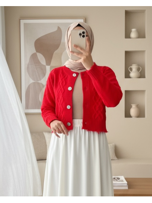 Taş Düğmeli Yırtıklı Krop Hırka  -Nar Çiçeği