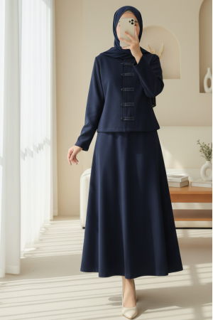 Deri Detaylı Önü Düğmeli Etekli Selanik Takım -Laci