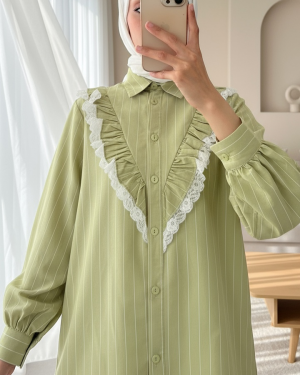 Buttoned Front Laced Ruffle Striped Shirt -Oil Green