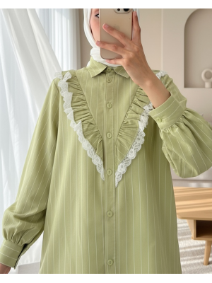 Boydan Düğmeli Önü Dantelli Fırfırlı Çizgili Gömlek -Yağ Yeşili