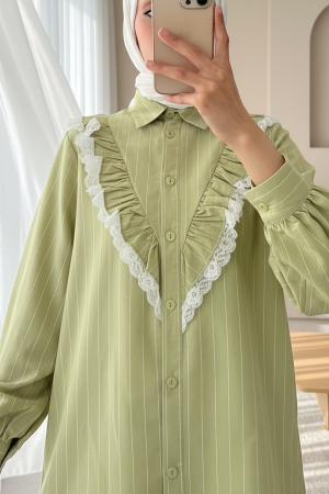 Buttoned Front Laced Ruffle Striped Shirt -Oil Green