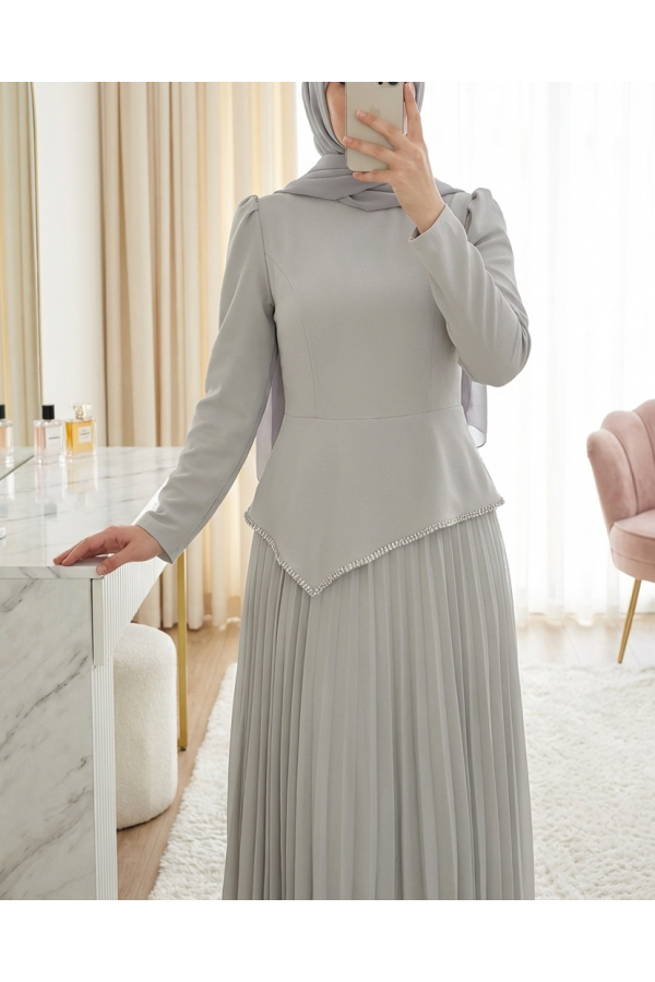 Asymmetrical Waist, Embellished Skirt, Pleated Crepe Dress -Stone