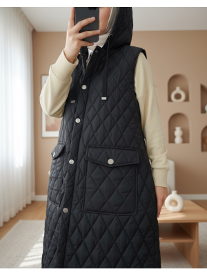 Kapaklı Cepli Kapitone Yelek -Siyah