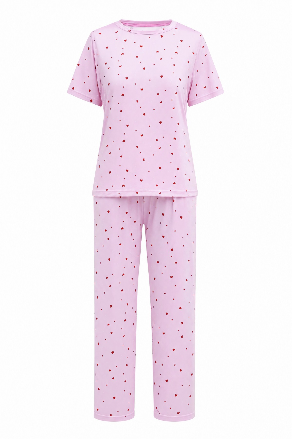 Kalp Desenli Bisiklet Yaka Kısa Kol Penye Pijama Takımı -Pembe