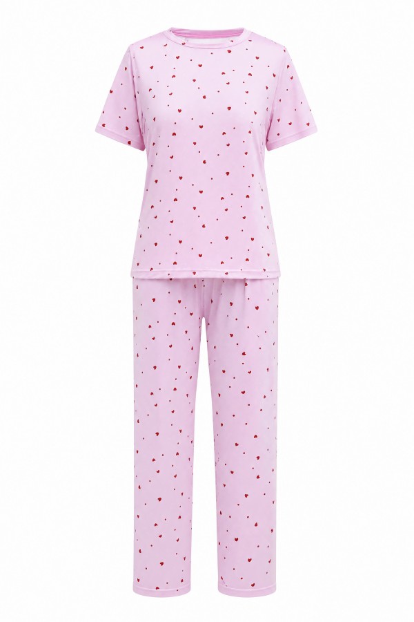 Kalp Desenli Bisiklet Yaka Kısa Kol Penye Pijama Takımı -Pembe