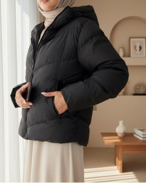 Sabit Kapşonlu Fermuarlı Kışlık Mont -Siyah