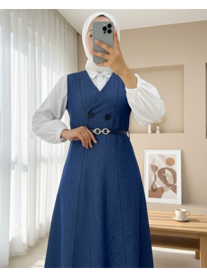 Çift Düğmeli Kemerli Kot Jile -İndigo