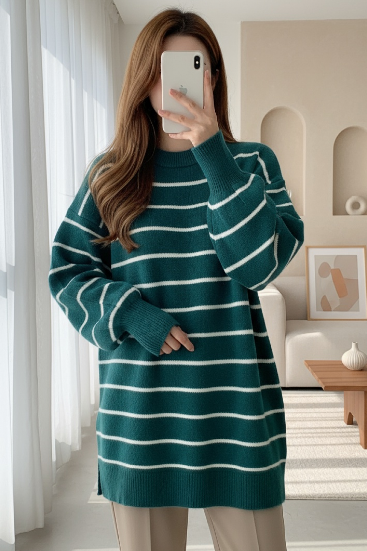 Thin Striped Slit Knit Tunic -Emerald