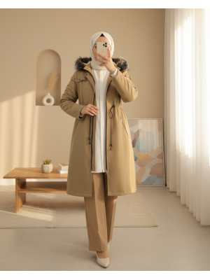 Çıkma Kapşonlu Yıldız Metal Detaylı Kaban  -Taş