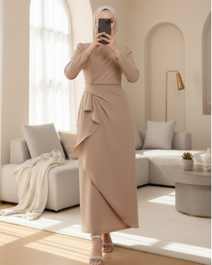 Önü Allerli Eteği Asimetrik Krep Elbise  -Bej