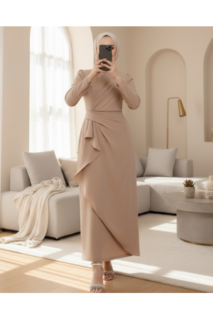 Asymmetrical Crepe Dress with Front Allery Skirt  - Beige