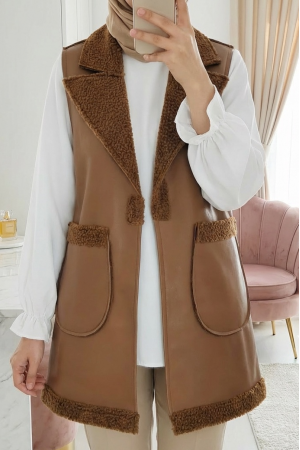 İçi Kuzu Peluş Çift Cepli Yelek   -Taba
