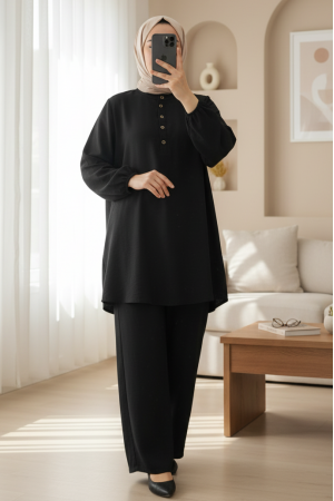 بدلة كتان بياقة عالية مرنة ذات أزرار نصفية  -أسود