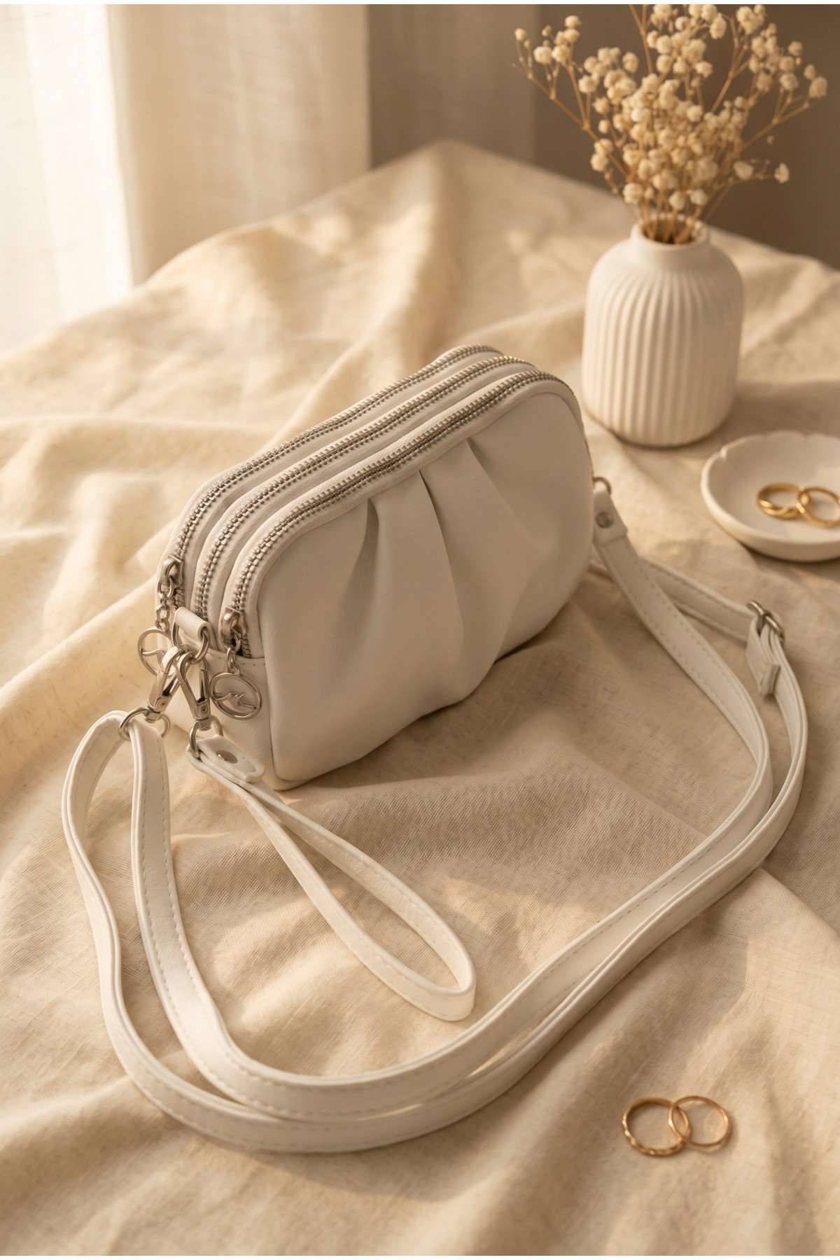 Three-Compartment Zippered Long Shoulder Bag -White