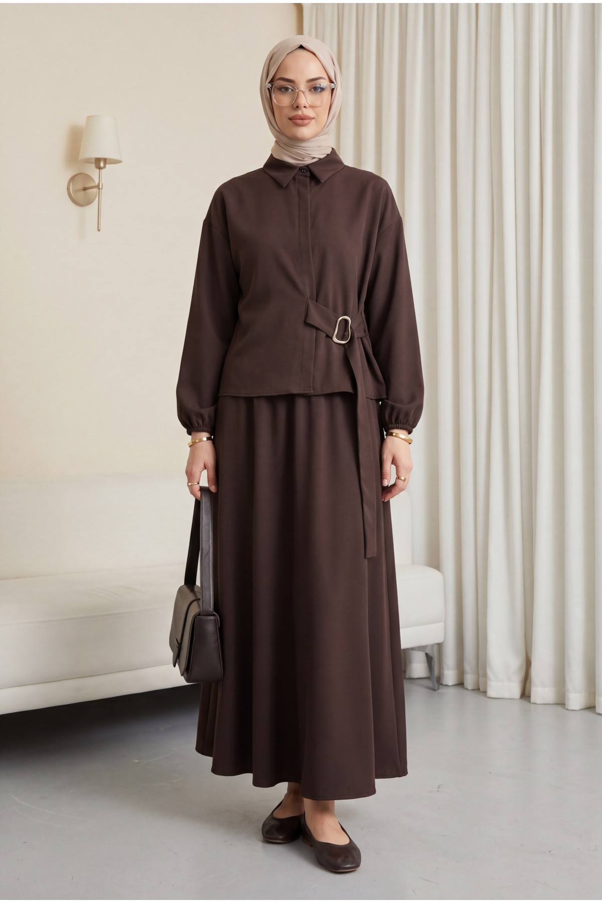 Crepe Set with Elasticated Sleeves, Button Front, and Side Tie Skirt -Brown