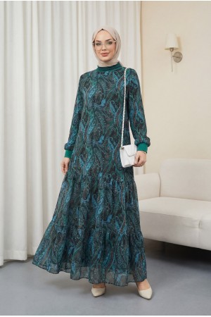 Etnik Desen Eteği Parçalı Astarlı Şifon Elbise   -Yeşil