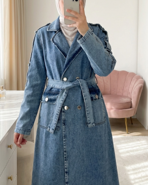 Cepli Beli Kemerli Düğmeli Kot Trençkot  -Buz Mavi