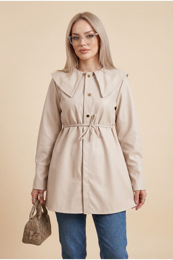 Wide Collared Waist-Tied Bonding Cape - Beige