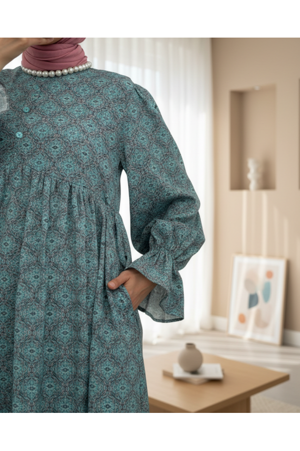 Half Buttoned Waist Tied Patterned Dress -Mint Color