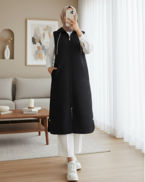Zippered Hooded Long Quilted Vest with Pockets -Black