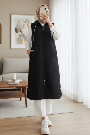 Fermuarlı Kapşonlu Cepli Uzun Kapitone Yelek -Siyah