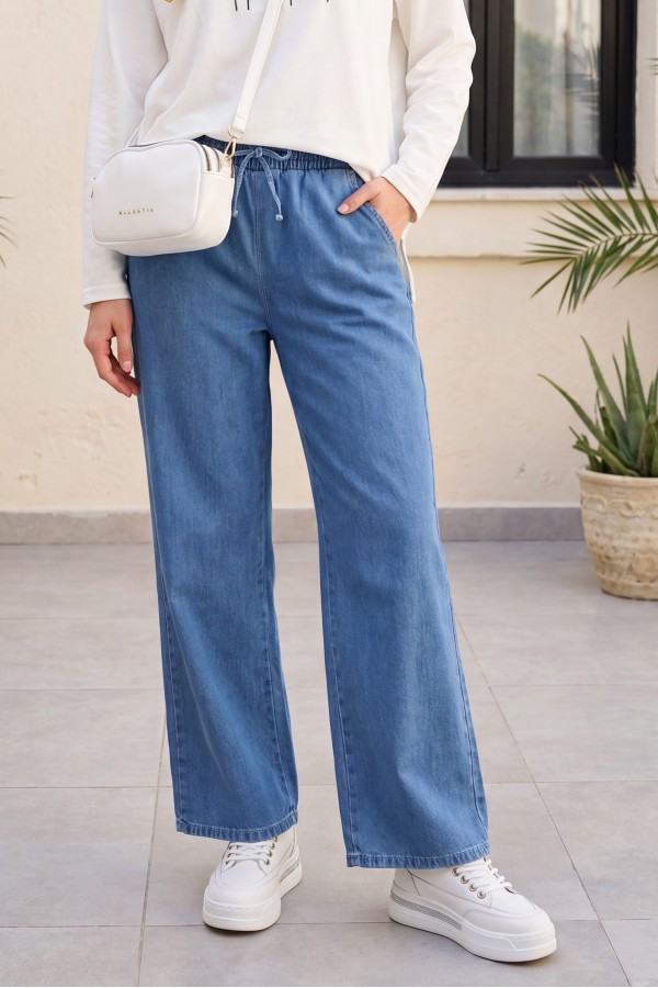 Beli Lastikli Cepli Bol Paça Kot Pantolon   -Koyu Mavi