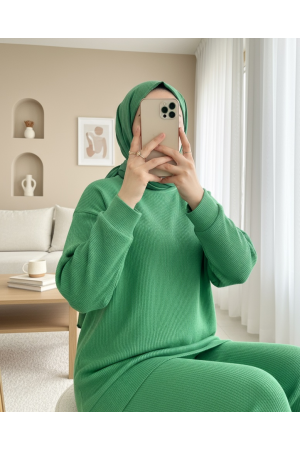 Renkli Kolye Detaylı Bisiklet Yaka İkili Takım -Yeşil