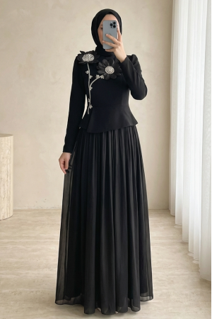 Daisy Detailed Pleated Skirted Stoned Dress -Black