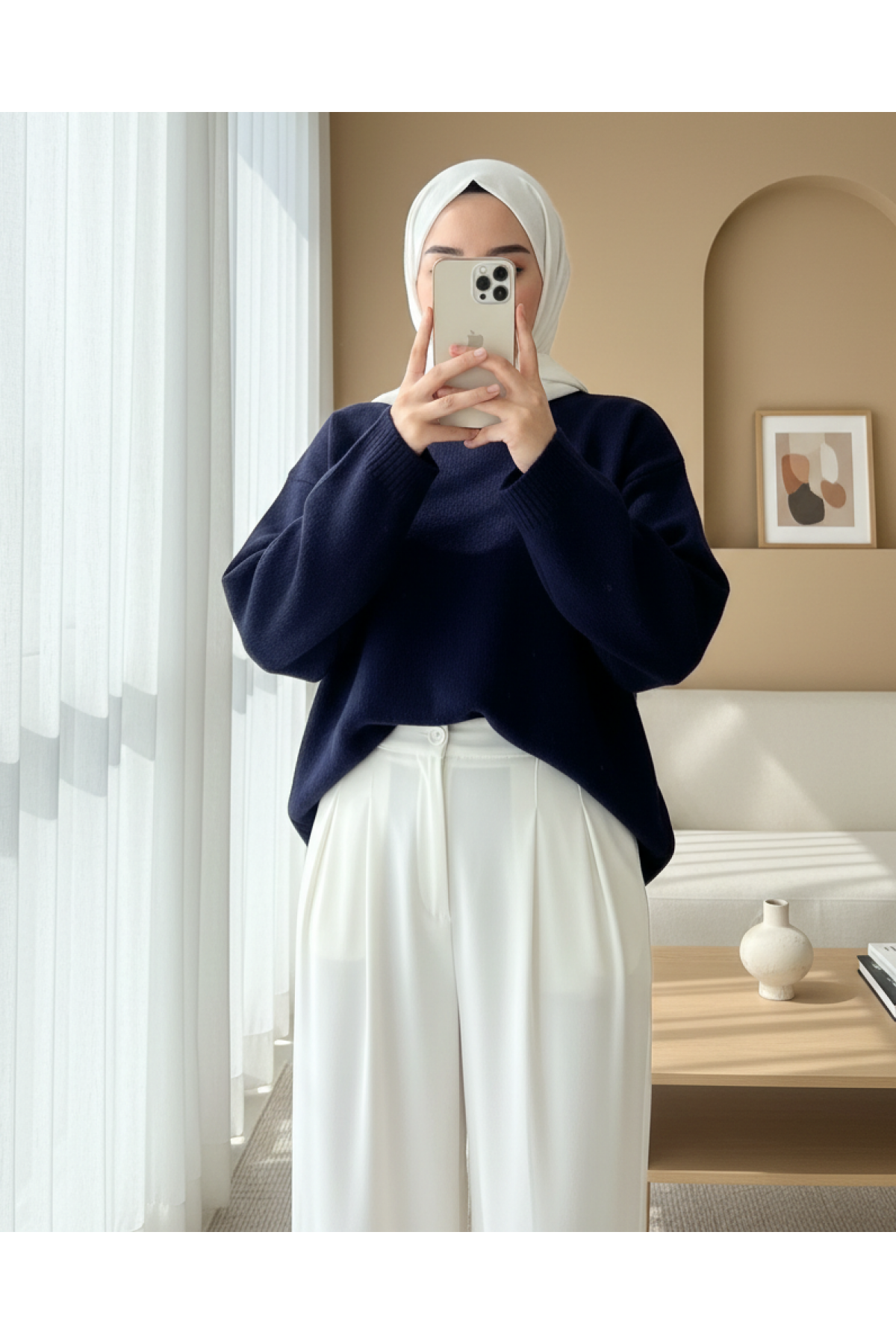Round  Neck Loose Knit Sweater -Navy blue