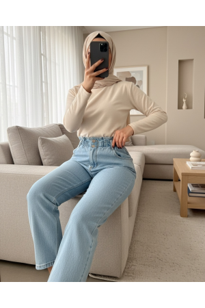 Beli Lastikli Yüksek Bel Kot Pantolon     -Açık Mavi