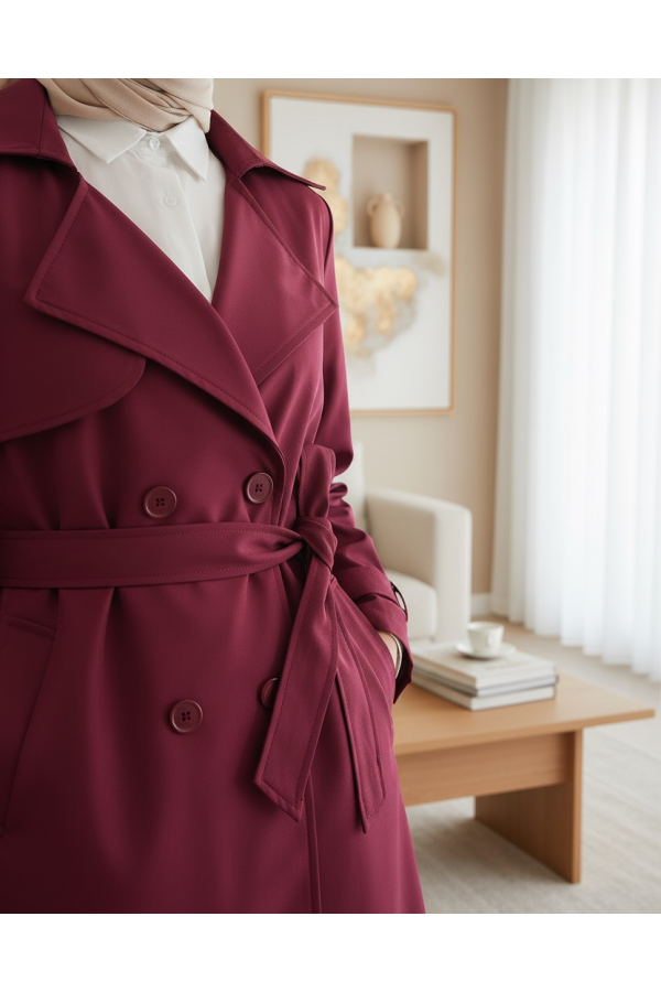 5918 Kruvaze Yaka Trençkot - Bordo