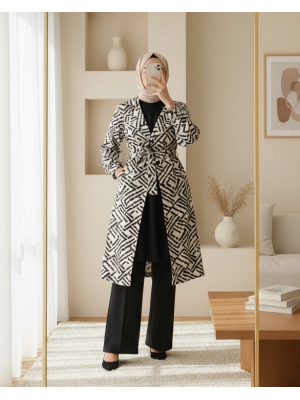 5853 Desenli Kruvaze Yaka Trençkot - C.Beyaz