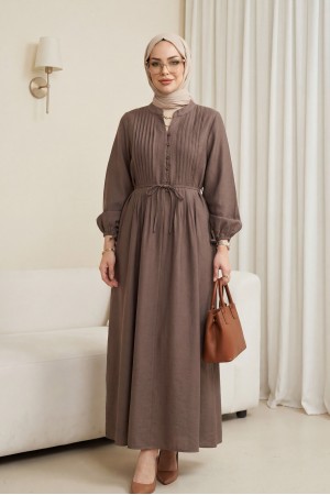 Yarım Düğmeli Nervürlü Bağcıklı Tensel Elbise -Açık Kahve