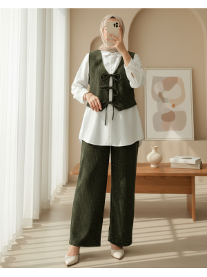 Önü Bağlamalı Yelek Pantolon Kadife Takım  -Haki