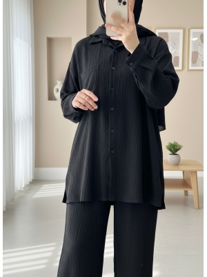 Körüklü Cepli İkili Keten Takım   -Siyah