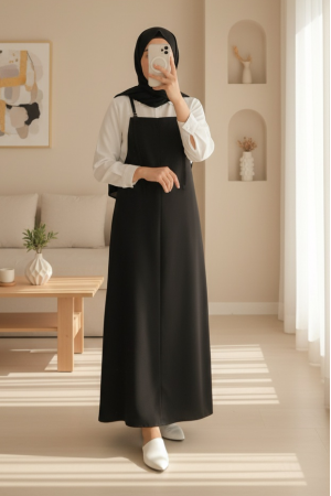Askılı Gabardin Jile Elbise -Siyah