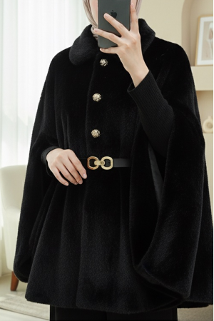 Gold Düğme Detay Kemerli Alcantara  Panço -Siyah