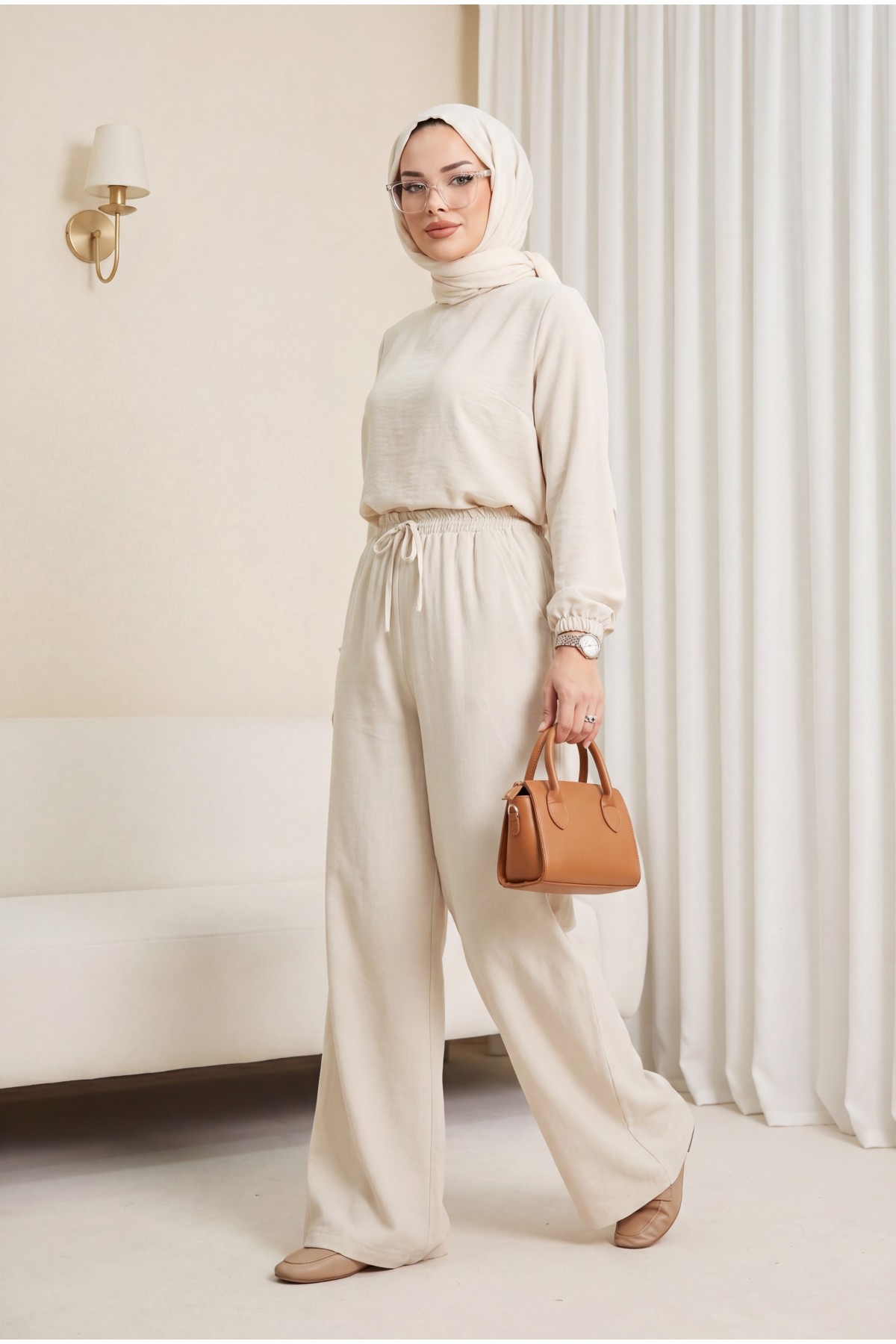 Elastic Waist Lace Detailed Wide Leg Tencel Trousers with Pockets -Stone