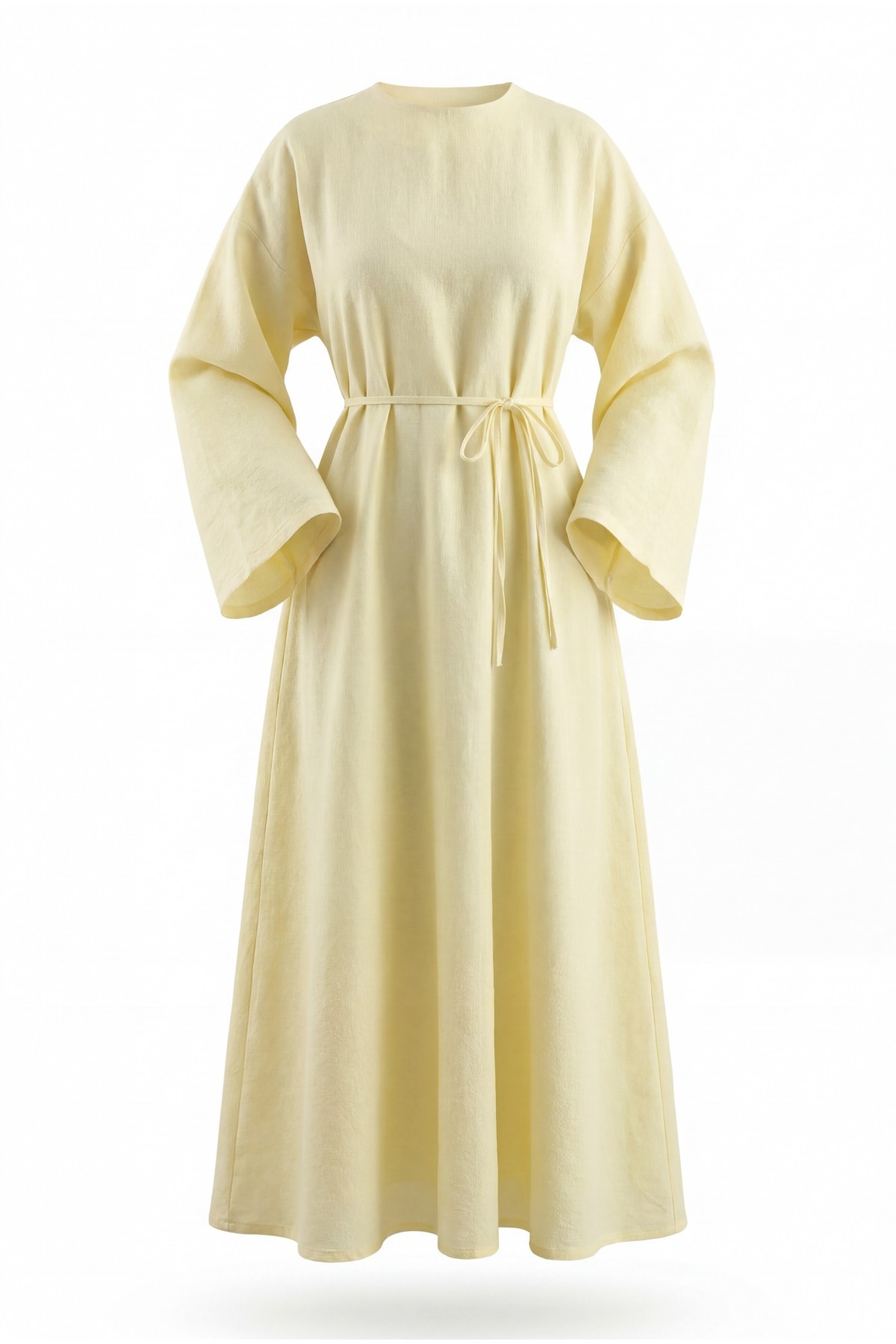 Linen Dress with Tied Waist and Back Zipper  -Yellow detay görseli