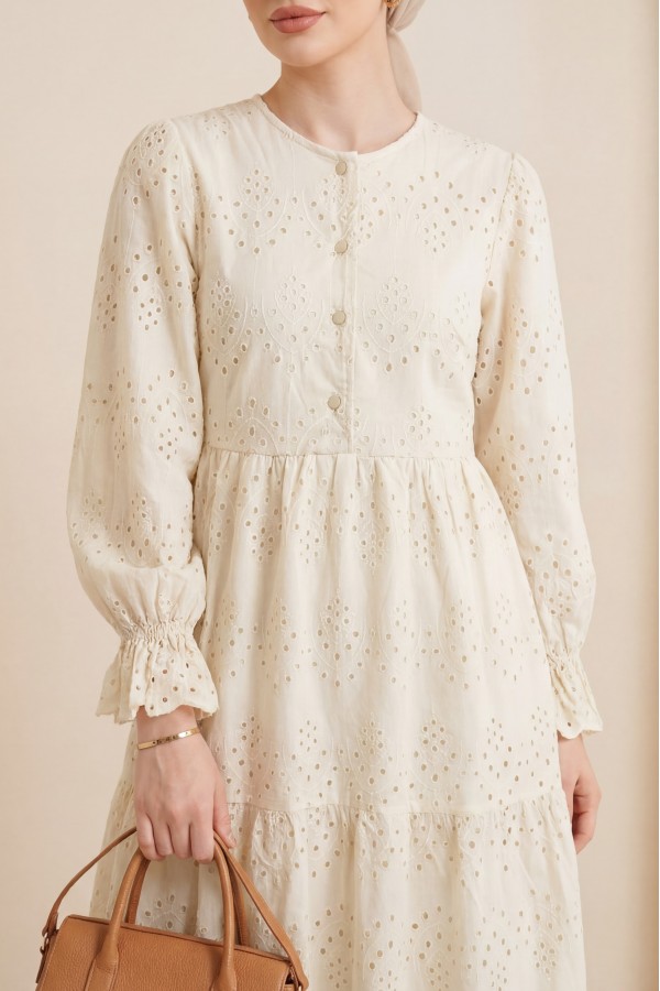 Half-Buttoned Lace Detail Waist Dress - Beige