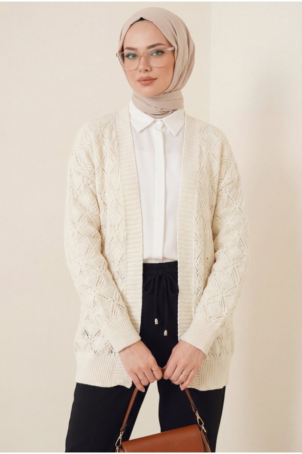 Patterned Mid-Length Knitted Cardigan -Cream color