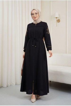 Bağcıklı Kolu Nakışlı Ferace Siyah HM2854