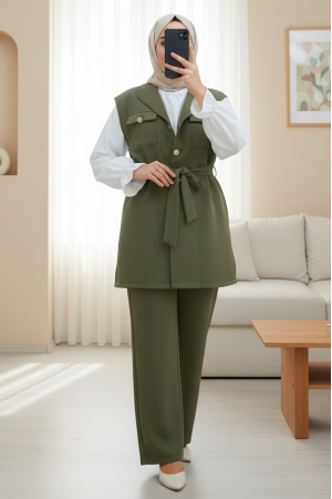 Zero Sleeve Button Front Waist Belted Three Piece Suit -Khaki