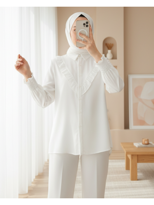 20223 Fırfırlı Uzun Kol Gömlek - Beyaz