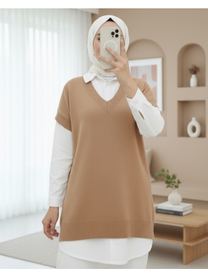 V Yaka Oversize Triko Süveter -Vizon