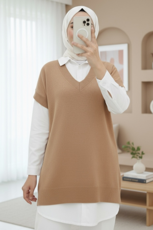 V Yaka Oversize Triko Süveter -Vizon