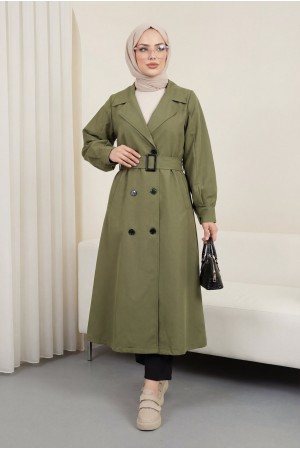 Balon Kol Tokalı Kemerli Yan Cepli Trençkot    -Haki