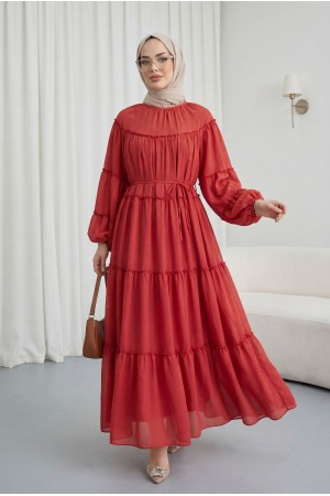 Kolu Lastikli Beli Bağlamalı Katlı Fırfır Detaylı Elbise  -Kırmızı